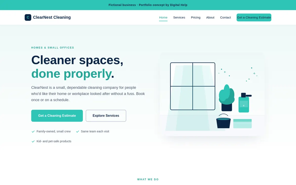 Desktop screenshot of the ClearNest Cleaning website concept