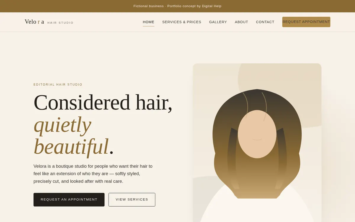 Desktop screenshot of the Velora Hair Studio website concept