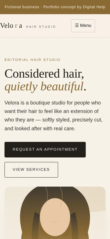 Mobile screenshot of the Velora Hair Studio website concept