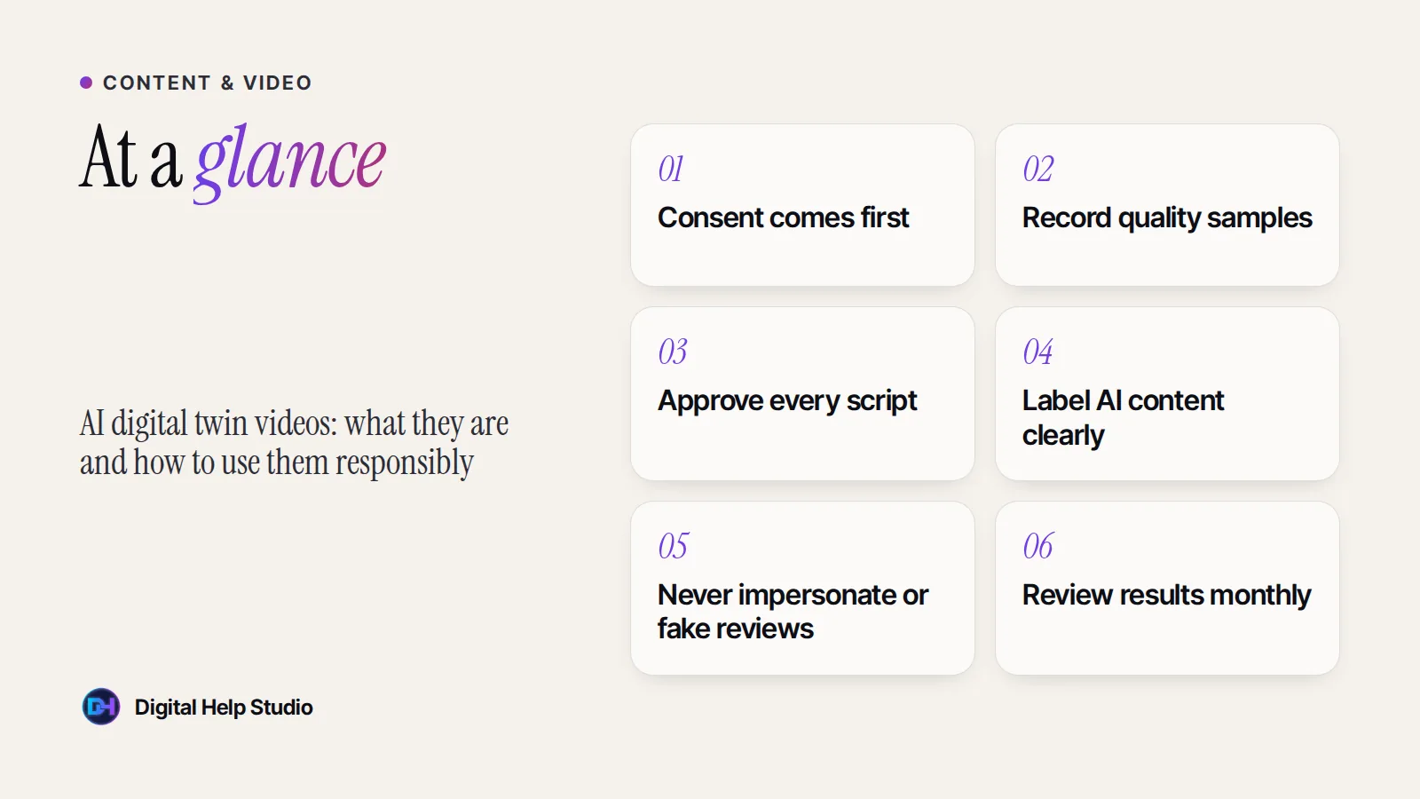 At a glance: Consent comes first; Record quality samples; Approve every script; Label AI content clearly; Never impersonate or fake reviews; Review results monthly.
