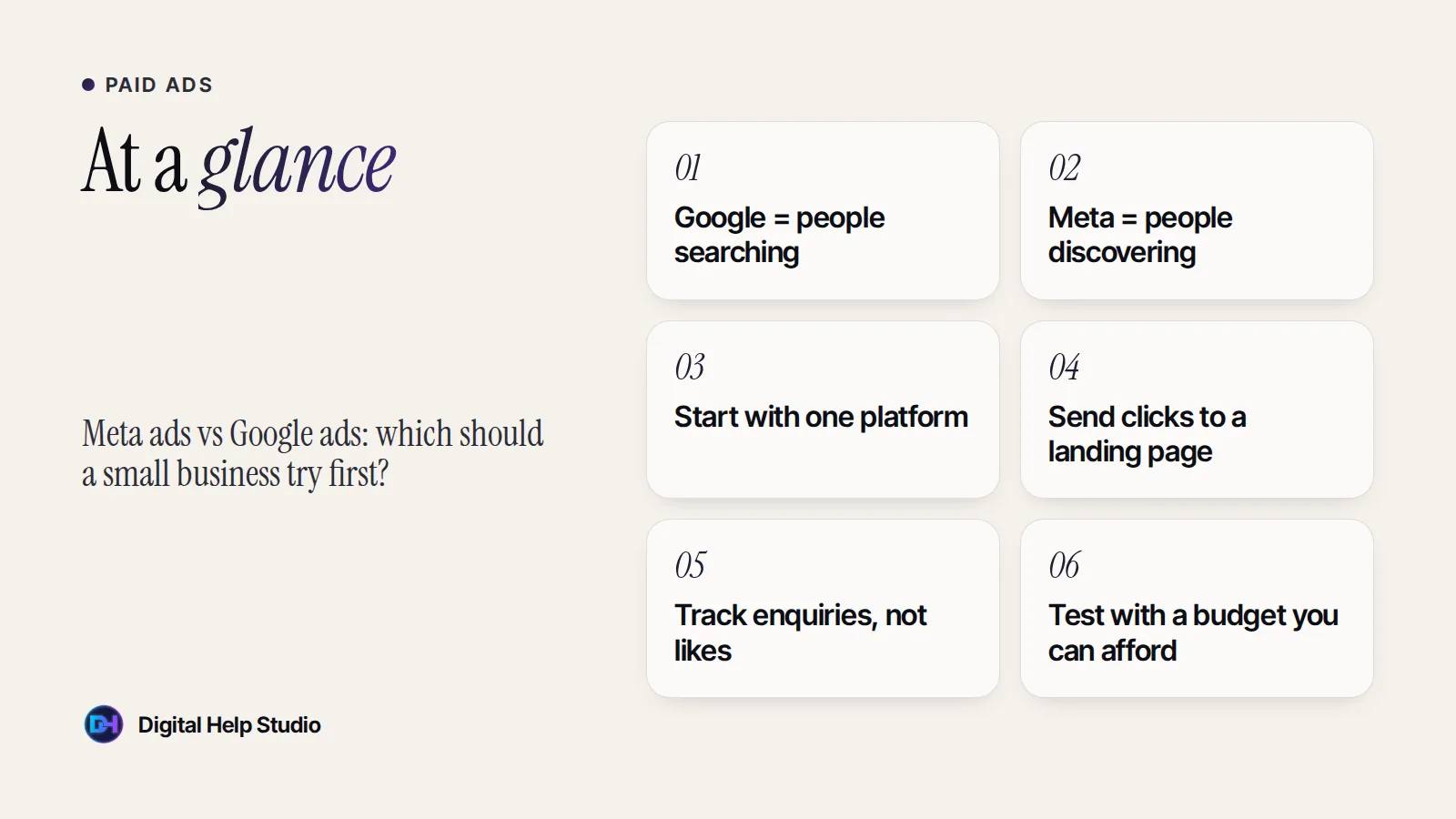 At a glance: Google = people searching; Meta = people discovering; Start with one platform; Send clicks to a landing page; Track enquiries, not likes; Test with a budget you can afford.