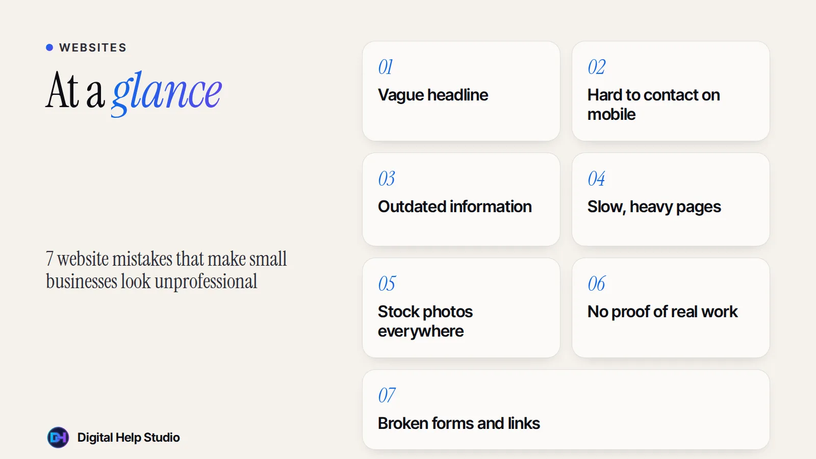 At a glance: Vague headline; Hard to contact on mobile; Outdated information; Slow, heavy pages; Stock photos everywhere; No proof of real work; Broken forms and links.