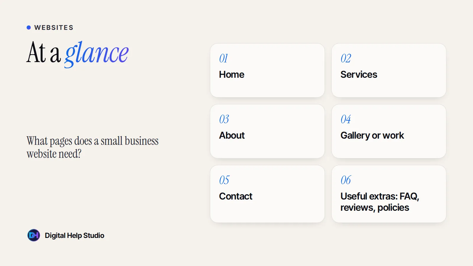 At a glance: Home; Services; About; Gallery or work; Contact; Useful extras: FAQ, reviews, policies.