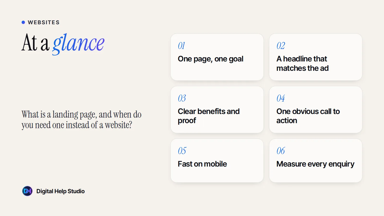 At a glance: One page, one goal; A headline that matches the ad; Clear benefits and proof; One obvious call to action; Fast on mobile; Measure every enquiry.